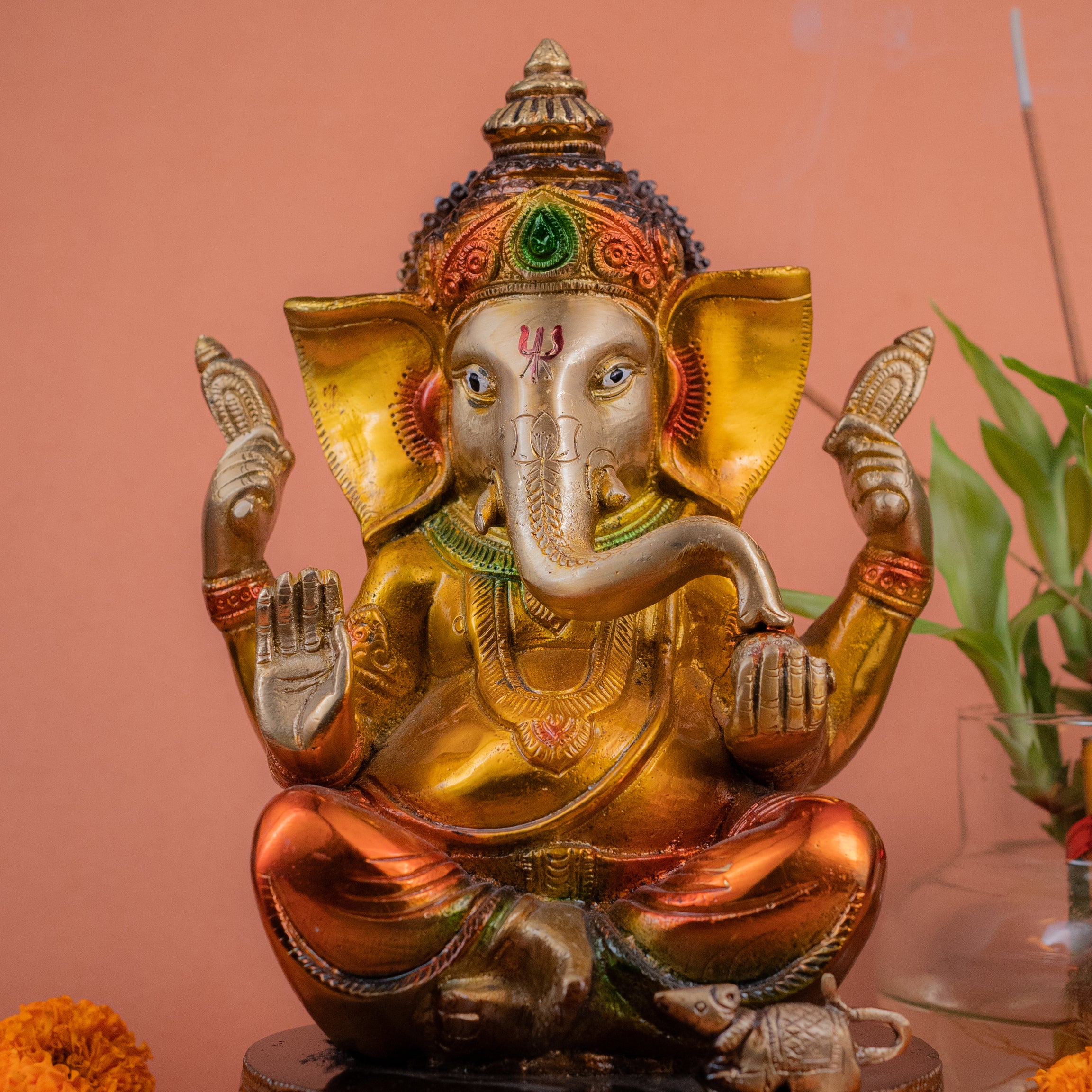 Brass Ganesh Ji Sitting on Gaddi - 8" Height