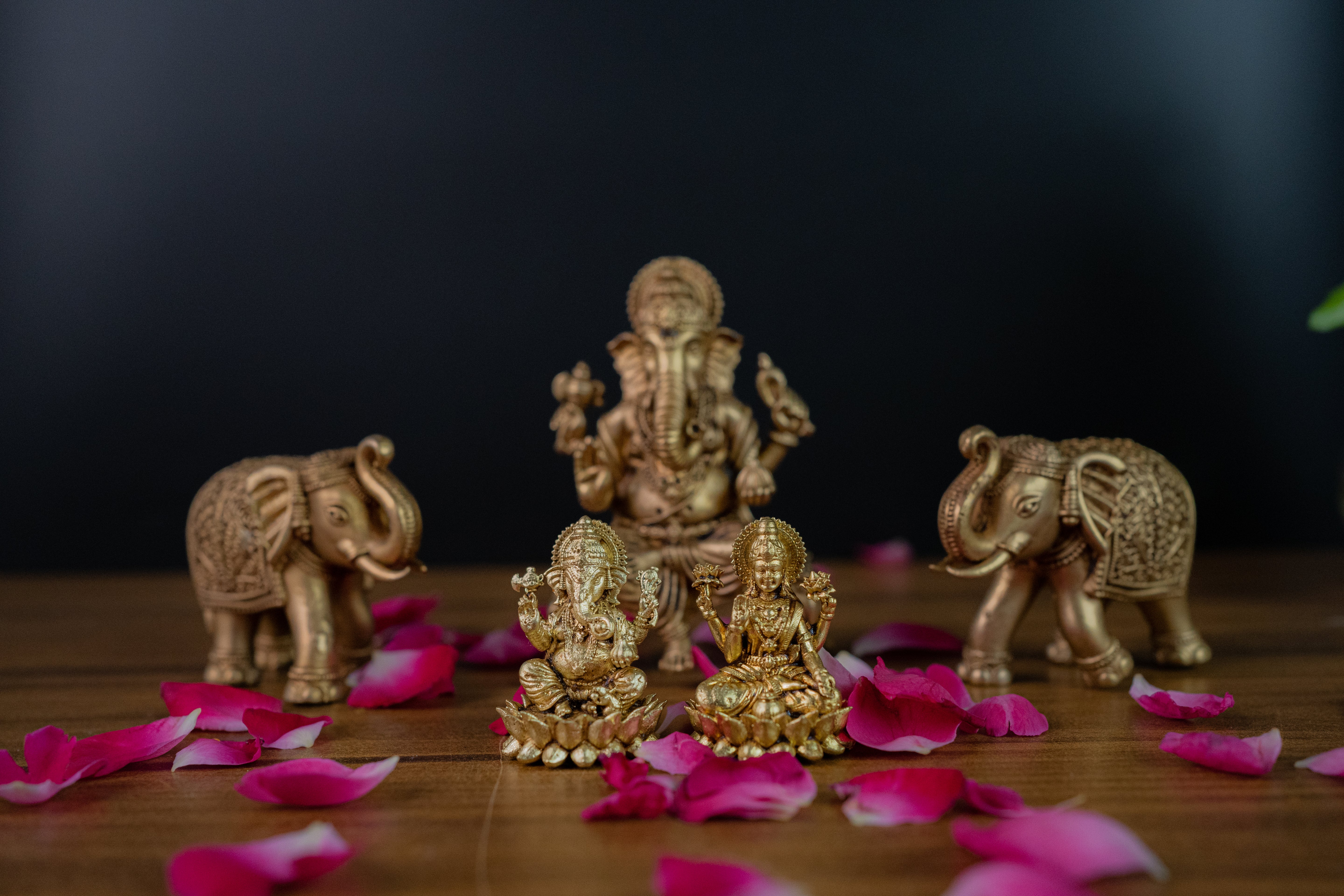 Brass Lakshmi Ganesh Ji God Idols Sitting on Lotus - 5" Height