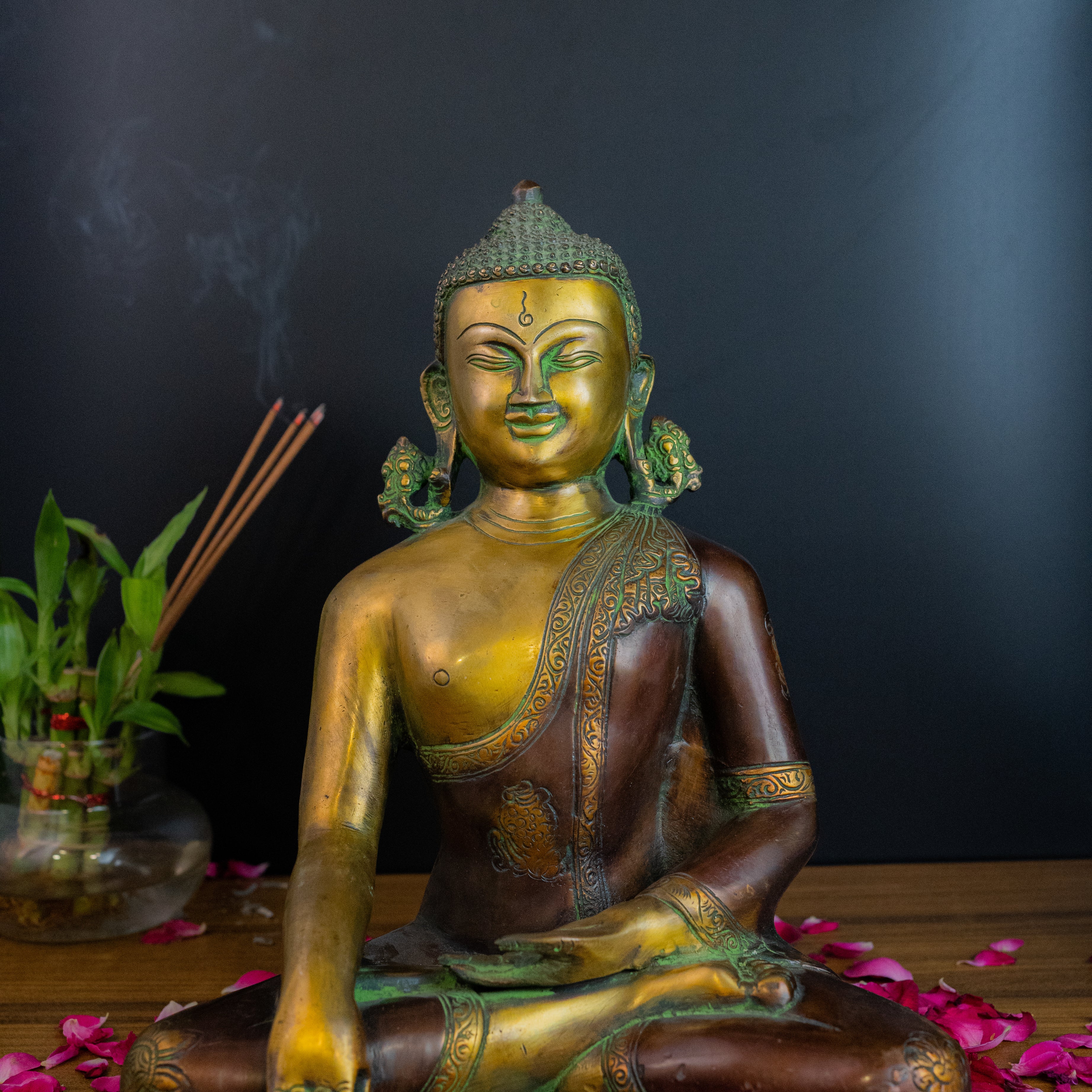 Pure Brass Buddha Dual Tone Sculpture - 12" Height