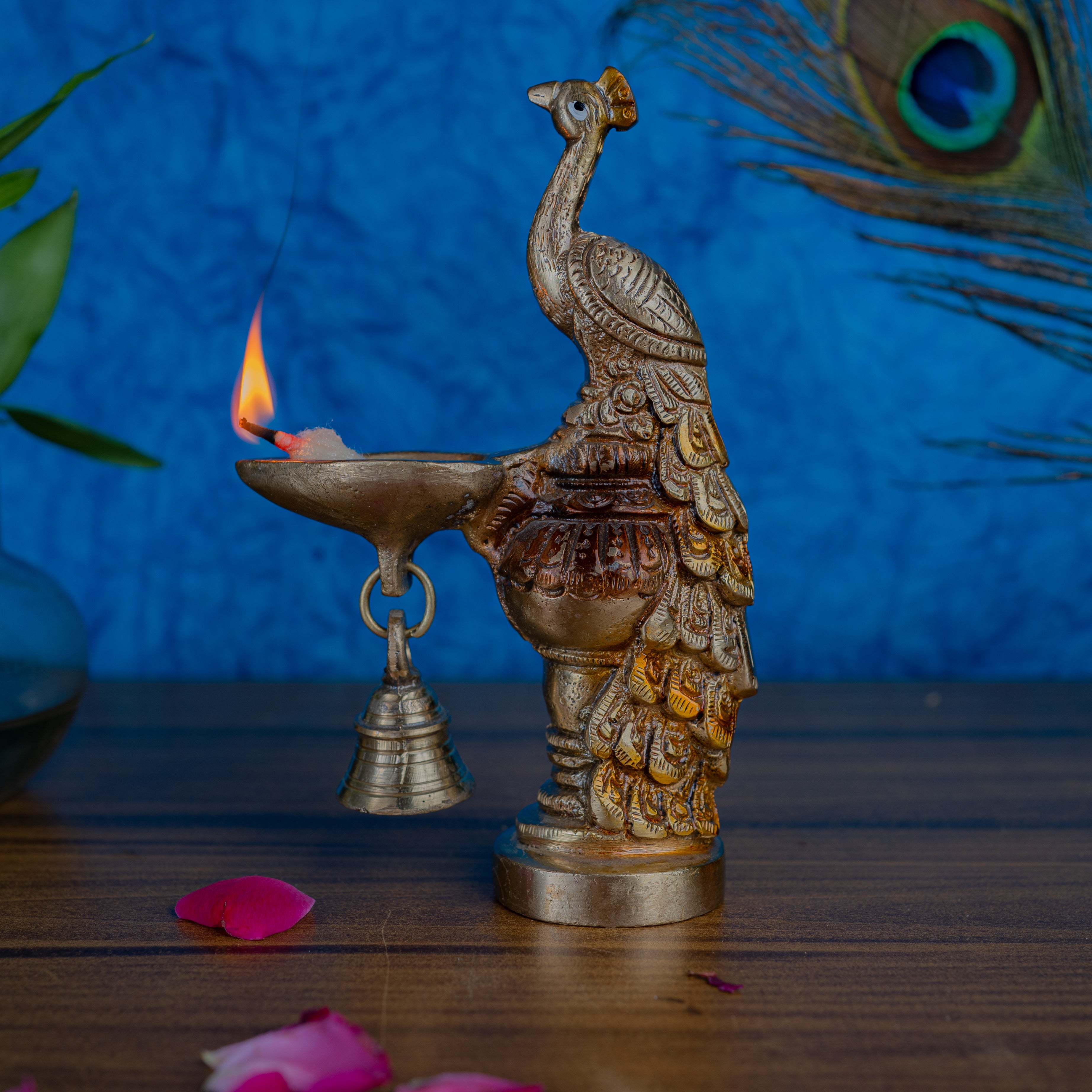 Brass Peacock with Diya and Bell - 6" Height