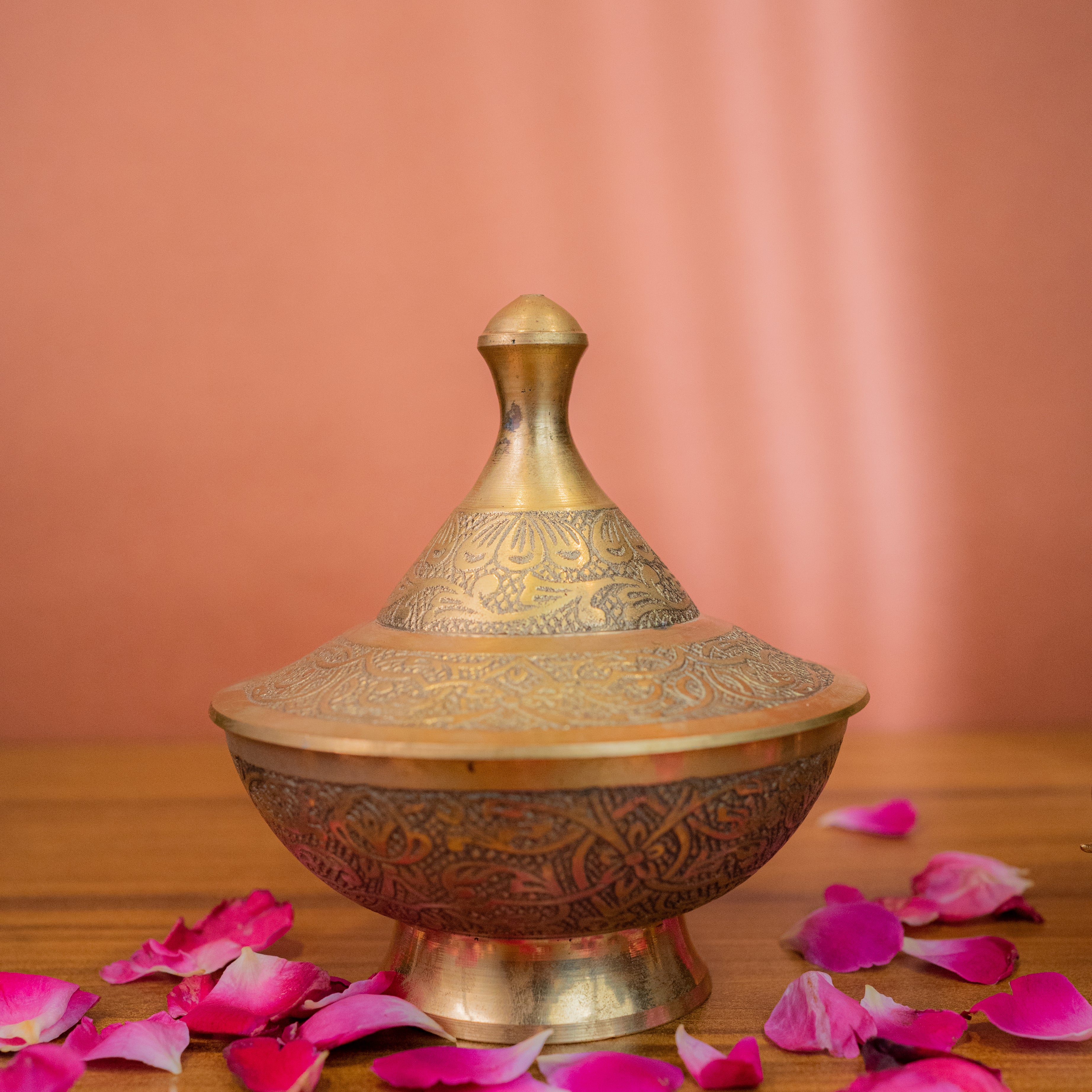 Brass Antique Brass Bowl with Lid - Carved