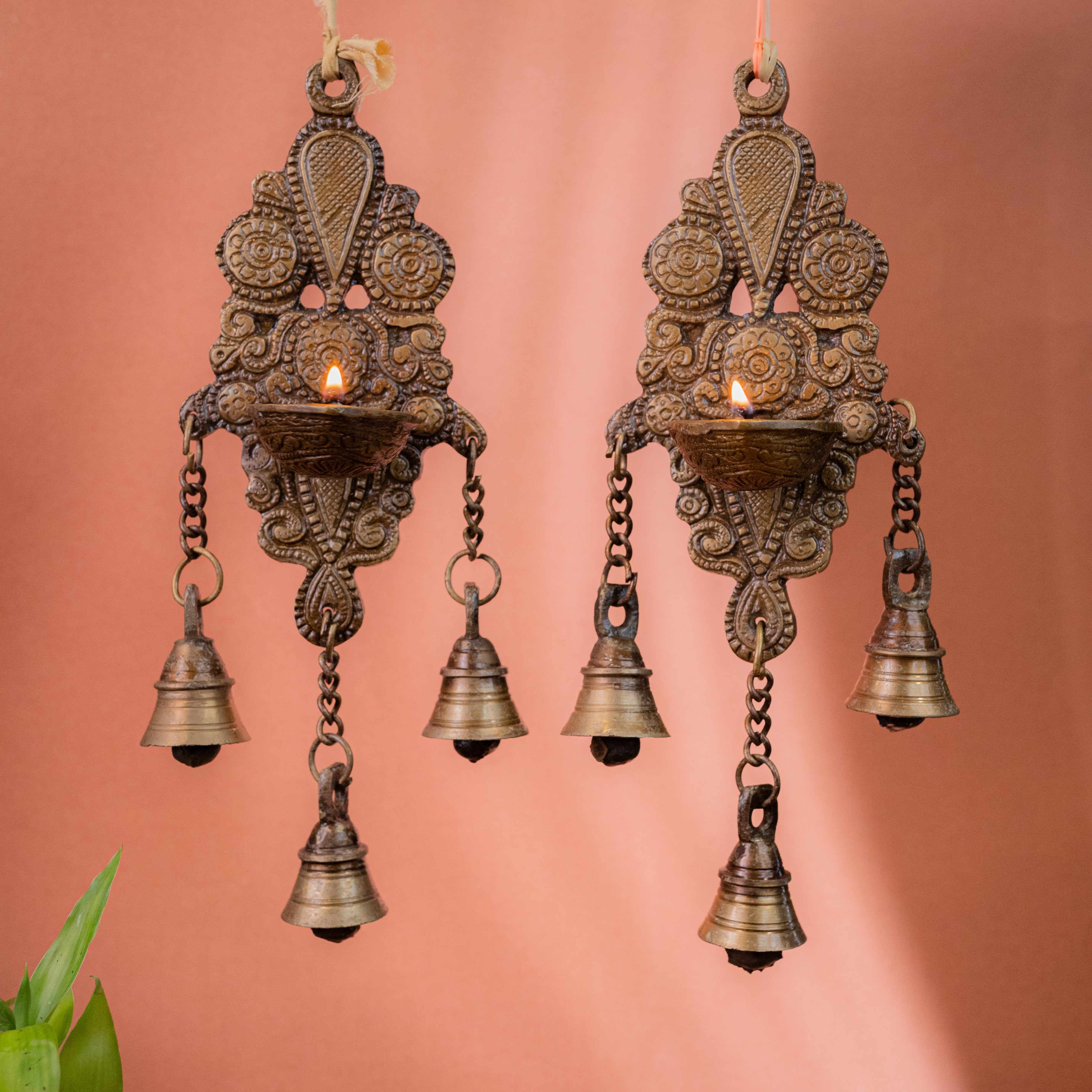 Brass Wall hanging Diya with Bells